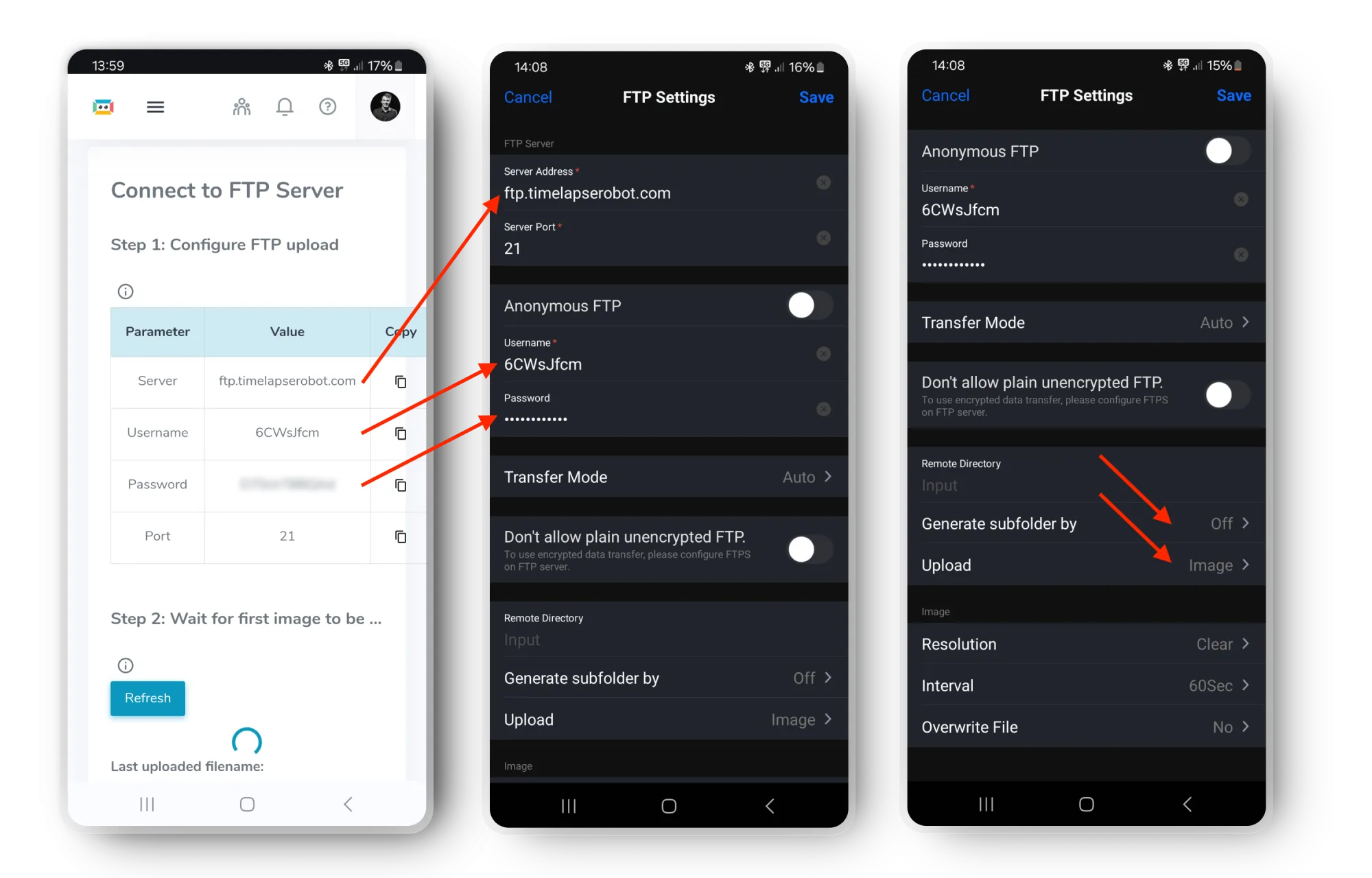 Copy the FTP credentials from TimelapseRobot into the Reolink app.
