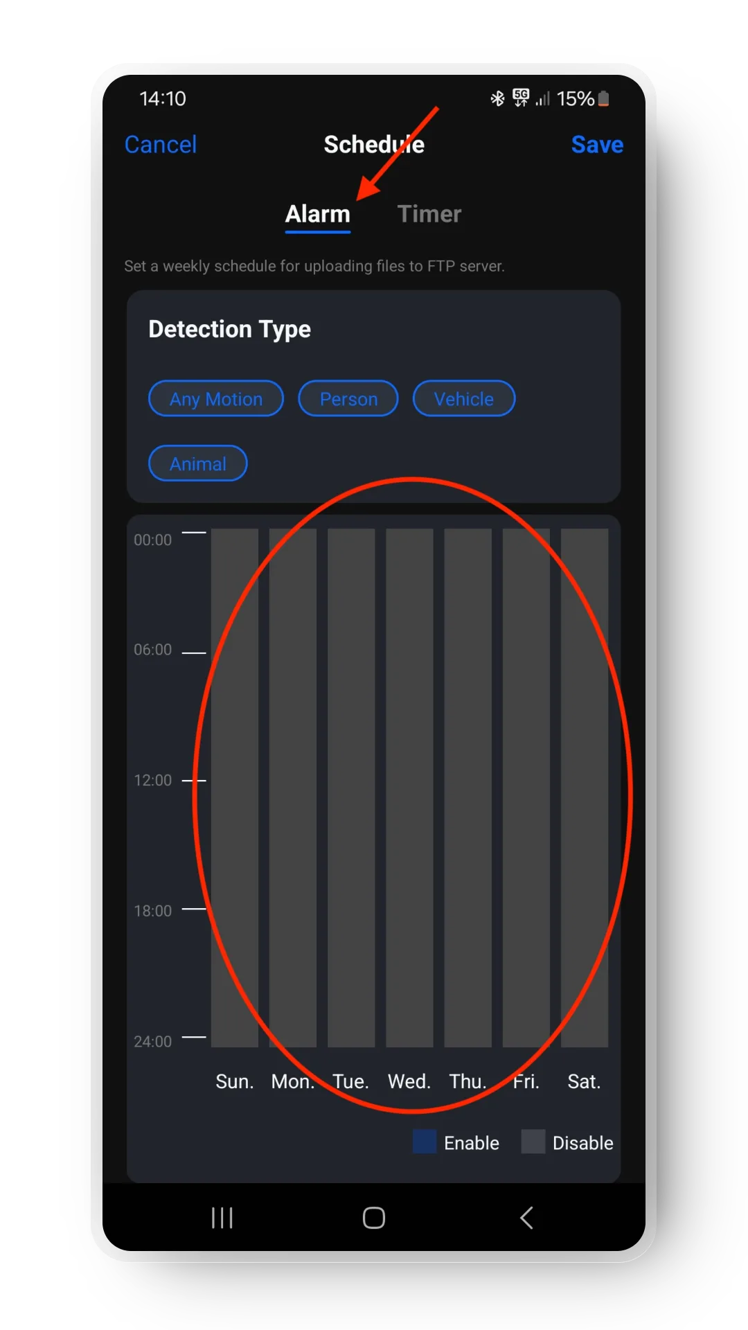 Alarm settings in the Reolink app.